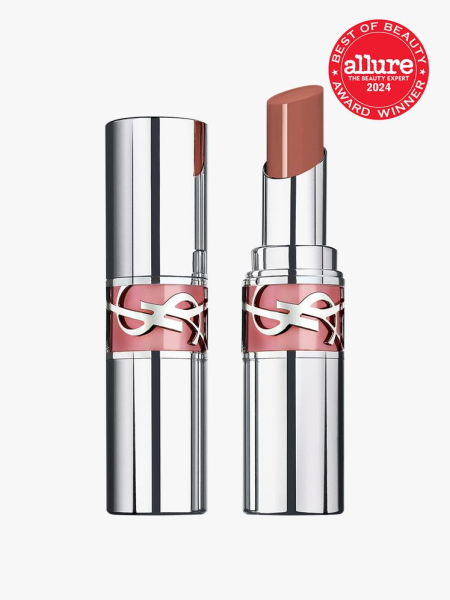 YSL Beauty Loveshine Lip Oil Stick twist up component in silver with pink accents on a light gray background with red Allure Best of Beauty seal in the top right corner
